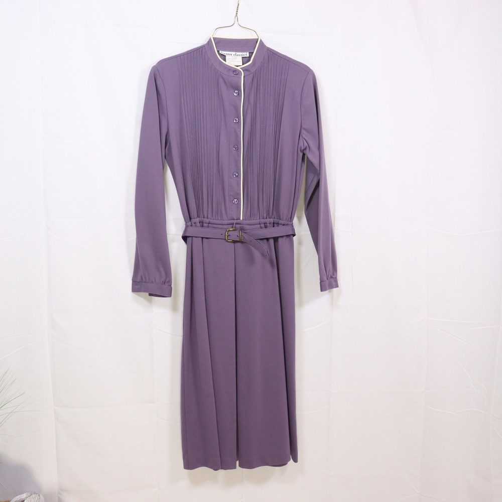 Kenny Classics‎ Belted Midi Dress 8 Purple Womens Pintuck Pleated Vintage